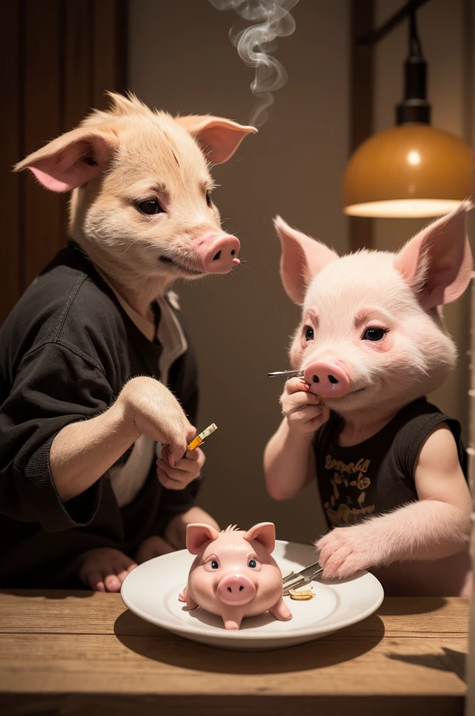 Create an image of two  pigs smoking a joint.