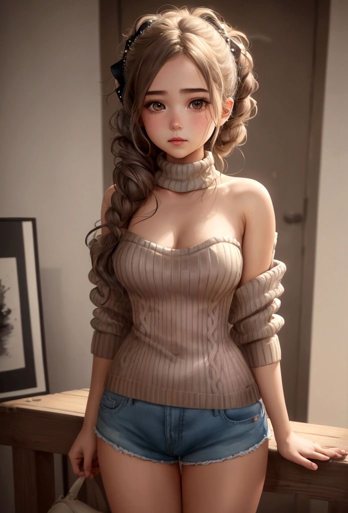 (), big fit ass ,(work of art), best qualityer, extremely detaild, (water colour), blossom, Delicate and gorgeous, illustration, (from low),(1 girl:1.4), (standing alone:1.2), seios big fit asss, (ribbed sweater:1.3), ombro to ombro sweater, (short shorts:1.2), bared shoulders, (below the chest), ((darkskin:0.8)), gorgeous eyes, (disheveled hair ), fot, over shoulder shot, por Alex Maleev, proffesional, Canon Camera, Nikon Camera, Spitz, bokeh, Studio quality, Fish-eye lens, by Robert Capa ,