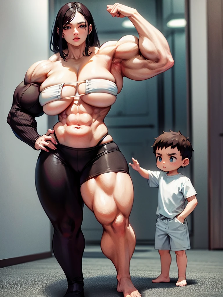 Woman in black bikini and small man in white shirt, weak and small man, thin and small physique, Very beauthful. , ,weak and defenseless man, small physique, , muscular ultraviolent woman, muscular and scary, absurdly huge physique, big muscles, extremely muscular woman, giant woman, extremely giant, thinking about a , stepping on a little boy