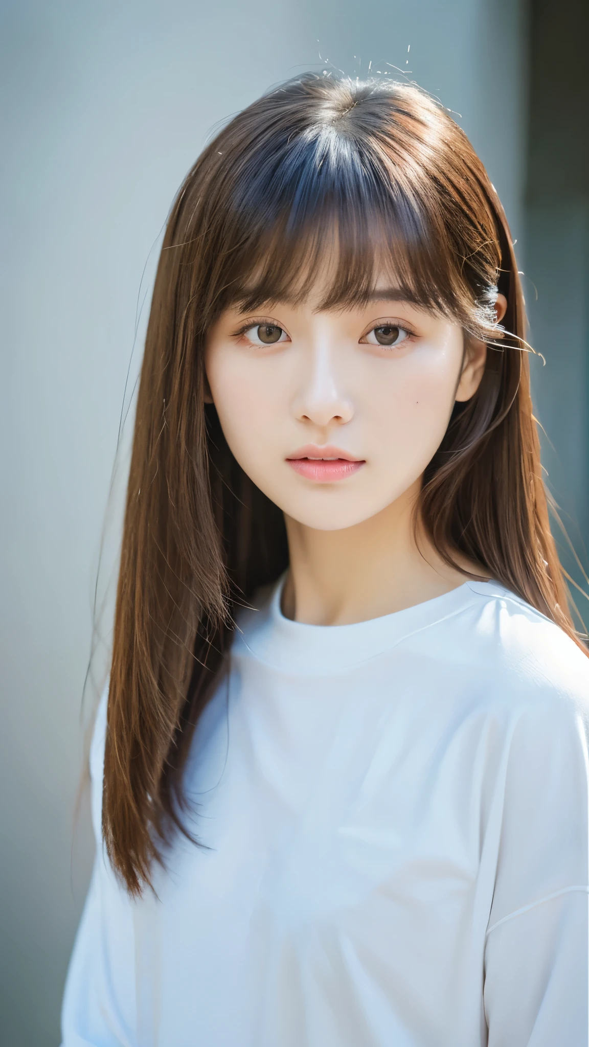 (top-quality、16K resolution) 1 girl、solo、natural soft light、Looking at the camera、Long sleeve white T-shirt、Concrete background、Facing the front、is standing、Woman in her late s、Light bangs、Salon model、Natural look、portlate、floated hair、Rolled hair