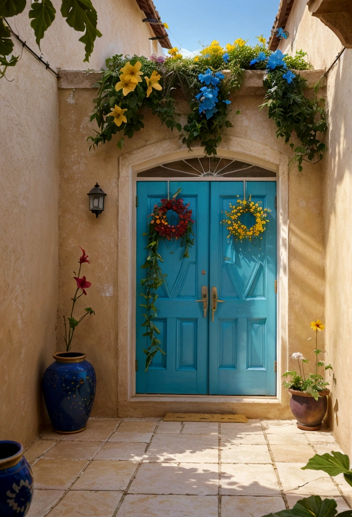 A breathtaking cinematic photo of a vibrant and joyful courtyard filled with life. The walls are adorned with thriving hibiscus flowers, entwined with blue morning glories, creating a stunning floral tapestry. The courtyard is further enhanced by potted yellow and purple pansies, adding bursts of color to the already vivid scene. The patio overlooks a mesmerizing ocean view, where waves gently caress the shore, creating a soothing ambiance. The overall atmosphere of the photo is rich and inviting, as if stepping into a living painting., photo, vibrant, illustration, cinematic, realistic, high resolution, 8k, highly detailed