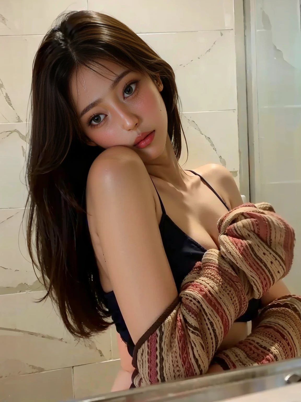 Jennie kim, wavy hair, large eyes, dolls eye, big lips, doll lips, pale skin.