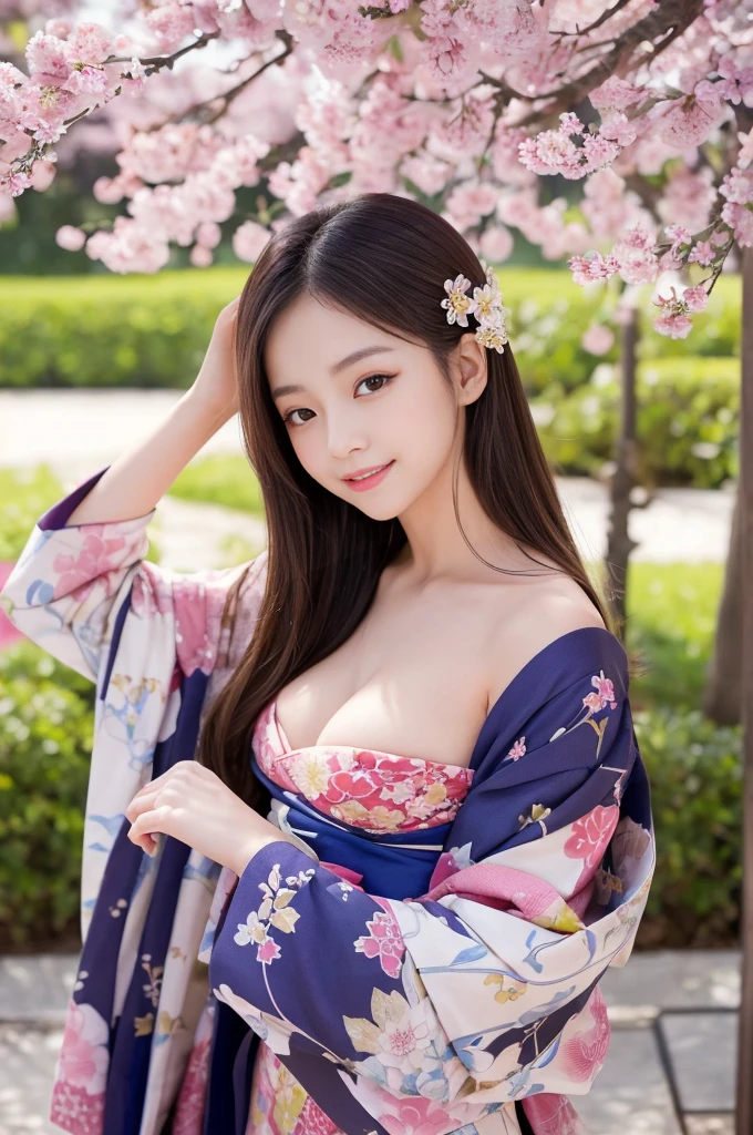 (nsfw:1.5),masutepiece, Best Quality, 8K、(Golden Ratio Face、Balanced eyes、very gentle eyelids)、double eyelid、Beautiful nasal muscles、Shy laughter、Lip Gloss 、Very beautiful girl、Beautiful girl solo like a model、View photographer、Kimono with intricate patterns and traditional designs、Detailed colors、Kimono with brightly colored patterns、Taken in front of a cherry tree、up hair 1.2、(((suggestive pose、sexy  pose)))