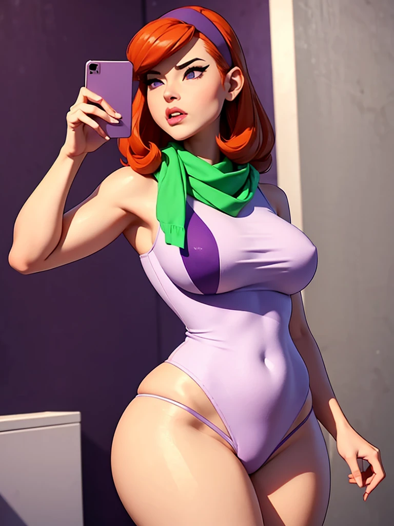1 woman, extremely beautiful and very legitimate redhead with purple headband. ((bathroom background)), big hips, mature woman, cellphonepose, holding phone, hourglass body, big bright purple eyes, wearing a white tshirt and a purple panty, purple thong, White tshirt. phone in one hand. thick thighs, saggy breasts, (green scarf), symmetrical body, sensualizing, pouting with orgasmic expression, highly arousing, high quality, UHD, cinematic, dynamic close-up above.