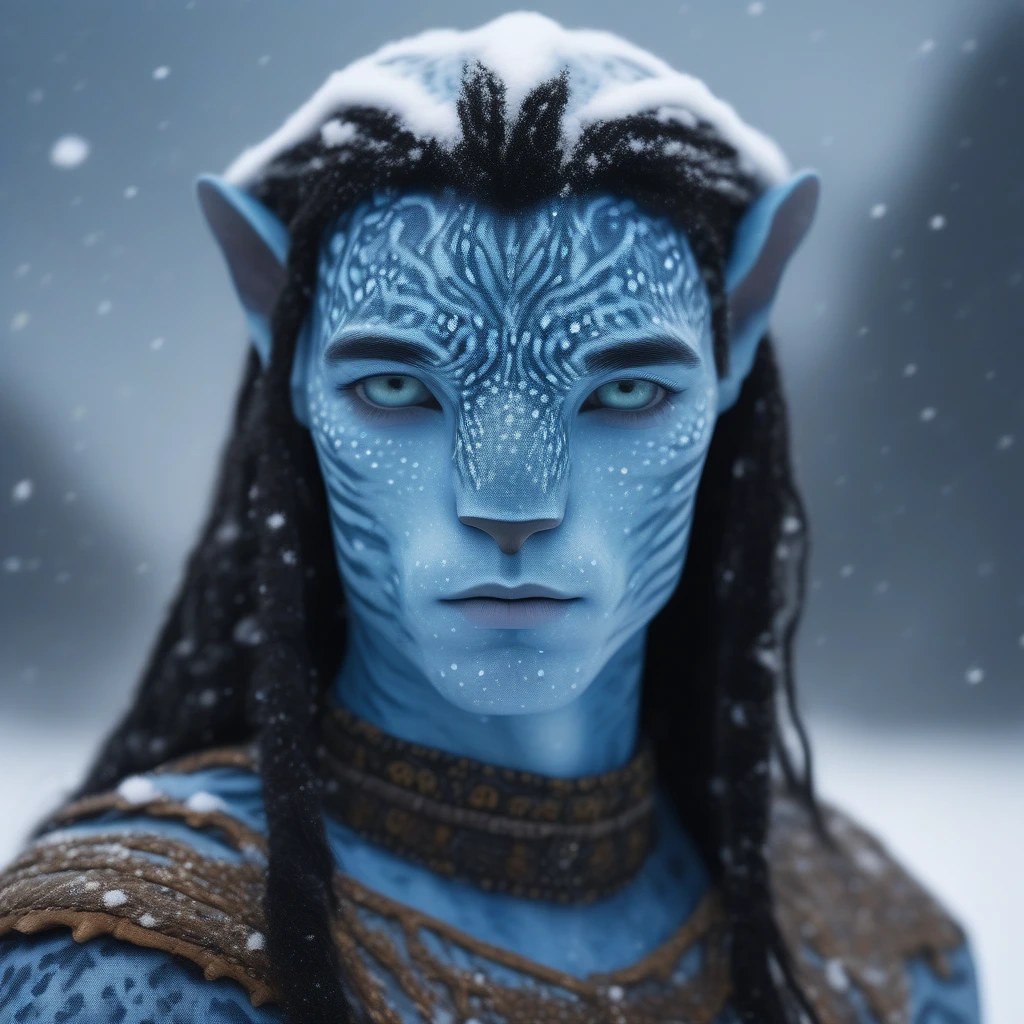 (face portrait), na'vi, male, (lilac eyes), ((big detailed alien eyes)), ((eyebrowless)), ((pointy ears)), (light blue skin tone), (wavy hair), dutchbraids, black hair color, ((long hair)), (young adult), 18 years old, face wrinkles, ((wearing inuit winter clothing)), (wearing tribal acessories), detailed eyes, snow leopard spots all over skin, toned body, muscled body, vibrant colors, ethereal atmosphere, surrealistic dreamy lighting, textured skin, otherworldly beauty, mesmerizing photography, (best quality, highres), vivid colors, ultrarealistic, skin details, sfw, face close-up, ultradetailed body, (white skin), dark background, snow mountain background