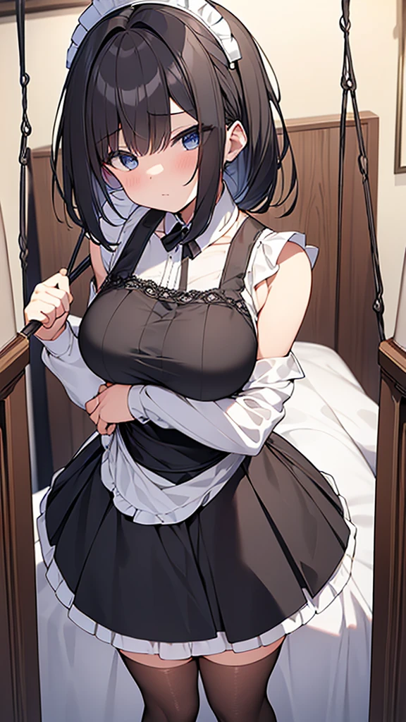 ((masterpiece)), (Highest quality、8K), (Simple style), Big Breasts, Swinging Big , Wearing a face stolen from someone else, No sleeve, Sleeveless, Off the shoulder, Black Dress, Pleated lace, Lace dress, White knee socks. whole body, Luxurious Room, {{The maid who stole the face of a guest}}, NSFW