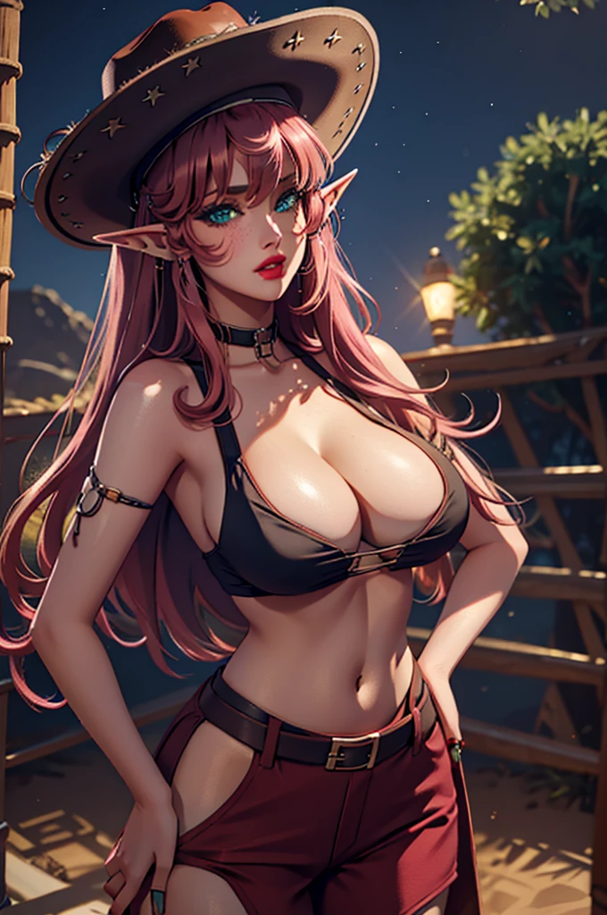 best quality, 32k uhd, insane details, ultra detailed, Masterpiece, desert, night setting, full bodyesbian, detailed green eyes, beautiful eyes, one elf girl, full red lips, exposed navel, large breasts, exposed cleavage, pink hair, straight hair, cowboy outfit, black pants, cowboy hat