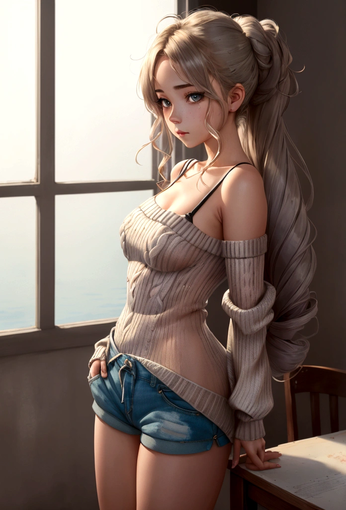 (), big fit ass ,(work of art), best qualityer, extremely detaild, (water colour), blossom, Delicate and gorgeous, illustration, (from low),(1 girl:1.4), (standing alone:1.2), seios big fit asss, (ribbed sweater:1.3), ombro to ombro sweater, (short shorts:1.2), bared shoulders, (below the chest), ((darkskin:0.8)), gorgeous eyes, (disheveled hair ), fot, over shoulder shot, por Alex Maleev, proffesional, Canon Camera, Nikon Camera, Spitz, bokeh, Studio quality, Fish-eye lens, by Robert Capa ,
