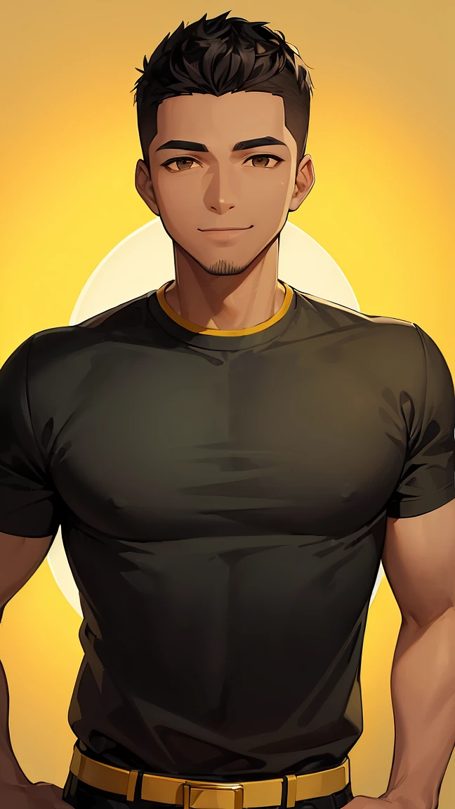 (man1,black skin,round face,brown eyes,black hair,side fade haircut),smile,yellow shirt,pants,green background,hd,highly detailed