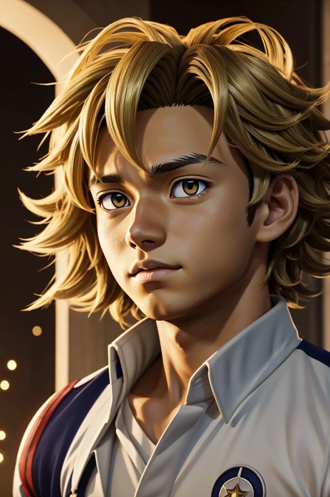 screenshot screencap anime boku no hero academia. A dark brown boy with curly light blonde hair and bright gold eyes