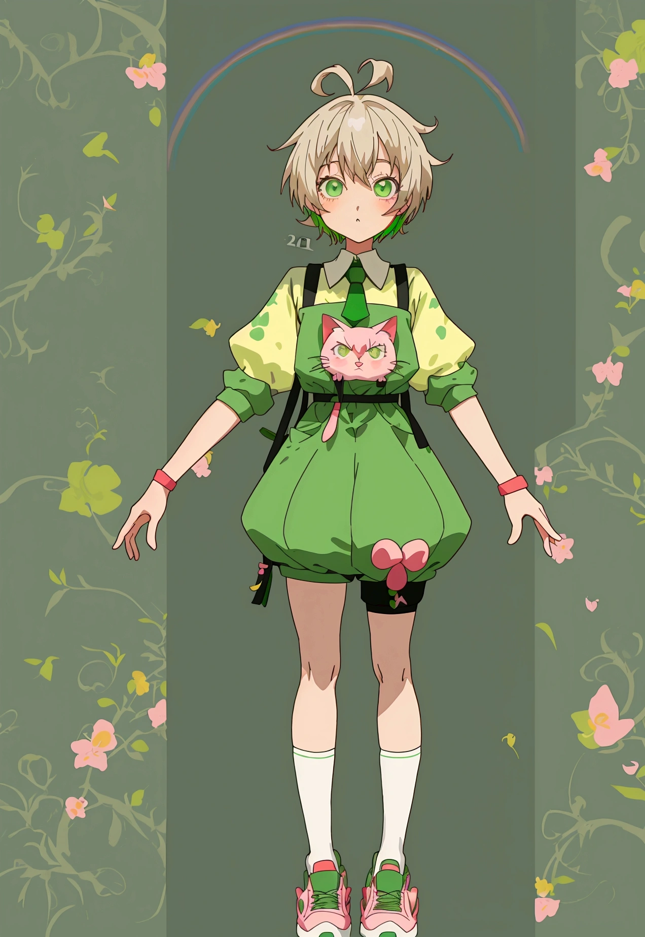 Make a ,short hair tied white,with green eyes,a rainbow children's outfit,and a gardener,a cat sock,a sneaker,and do anime style,she is cute,but powerful, do it full body (((be 2d anime version))) (((and higher quality)))
