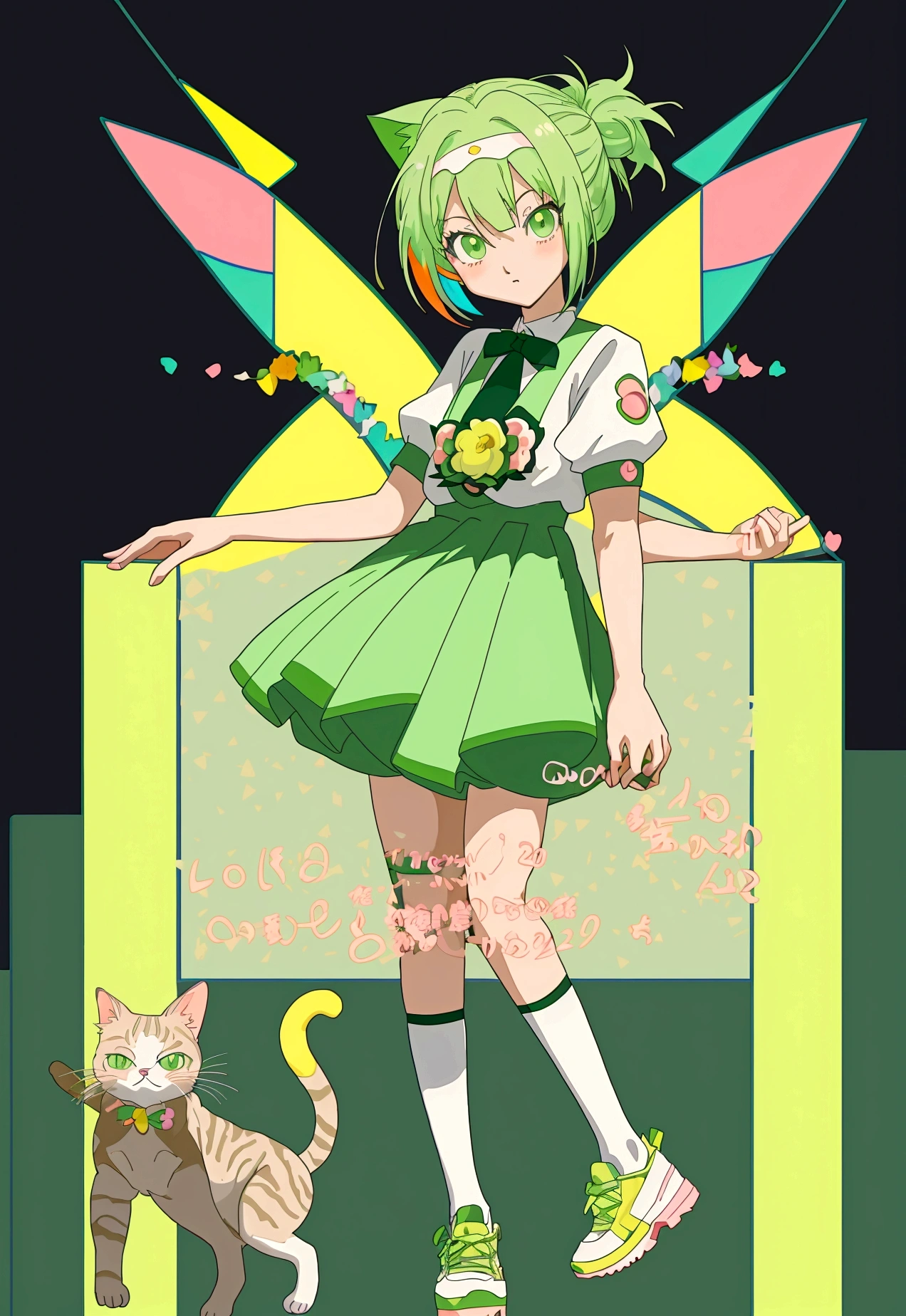 Make a ,short hair tied white,with green eyes,a rainbow children's outfit,and a gardener,a cat sock,a sneaker,and do anime style,she is cute,but powerful, do it full body (((be 2d anime version))) (((and higher quality)))