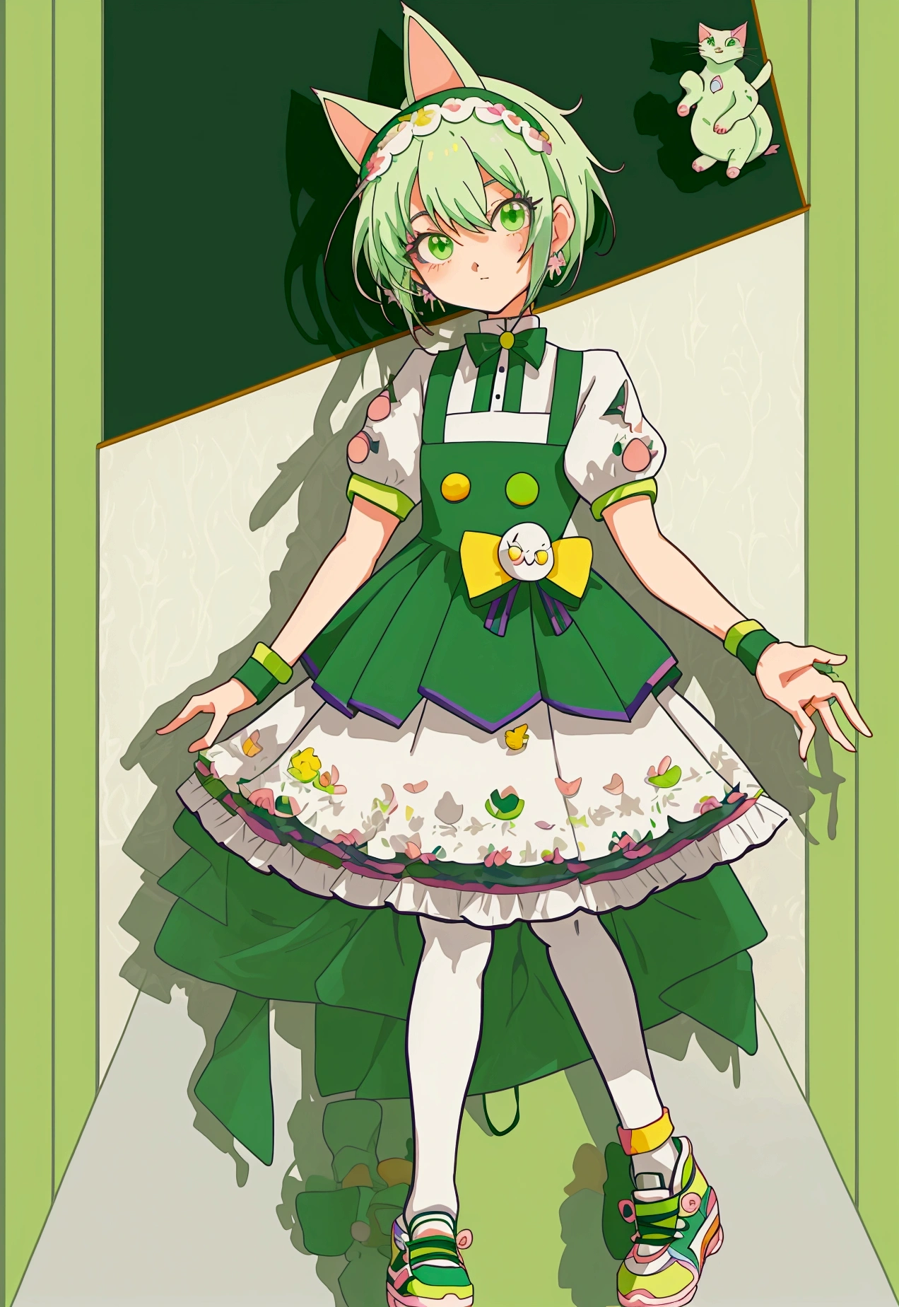 a beautifully detailed slime girl with luminous green eyes, blushing cheeks, and a warm smile, standing gracefully in a masterpiece-level illustration, ultra-detailed and high-resolution, 1girl, kneesocks
