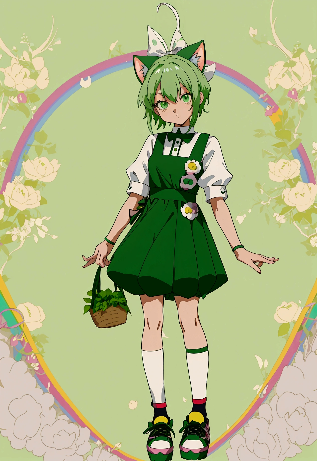 Make a ,short hair tied white,with green eyes,a rainbow children's outfit,and a gardener,a cat sock,a sneaker,and do anime style,she is cute,but powerful, do it full body (((be 2d anime version))) (((and higher quality)))