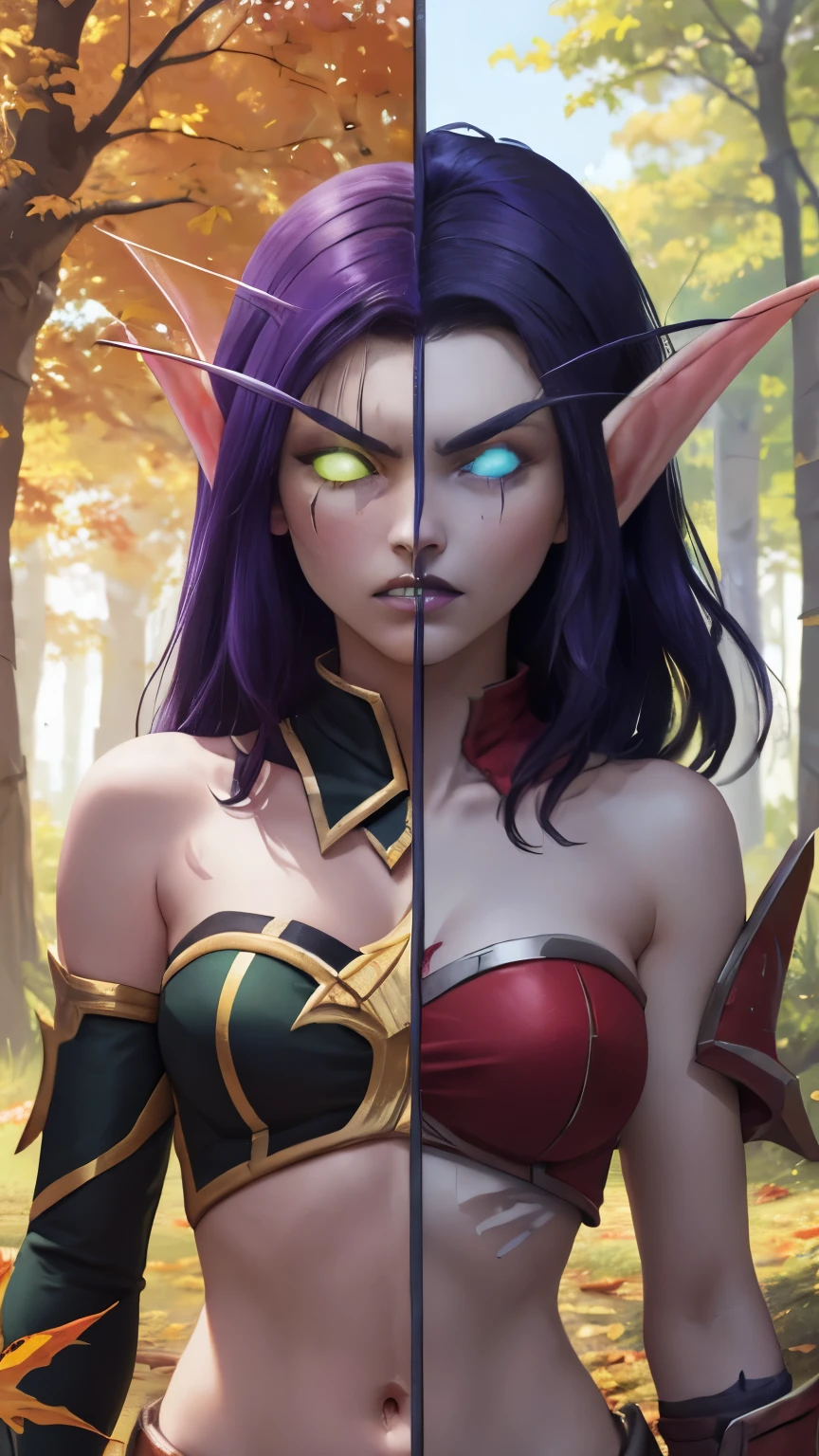 (Masterpiece, highly detailed, highly quality, highly resolutions), line between the middle, duality, split colored hairs, split colored eyes, split colored armor, split colored trim, split theme ((SplitScreen, split screen, BREAK nightelf, angry, clenched teeth, scars on face, glowing eyes, blue eyes, Purple Hair, colored skin, mature female, purple midriff, navel, purple shoulder pad, platinum trim, purple lips, spring leaves, looking at viewer, forest, night, bare shoulders, spring season), (SplitScreen, split screen, BREAK bldelf, angry, clenched teeth, blood strains on faces, glowing eyes, yellow eyes, Blonde hair, colored sclera, mature female, red short shirt, navel, red shoulder pad, gold trim, fall leaves, looking at viewer, forest, day, bare shoulders, Fall season))