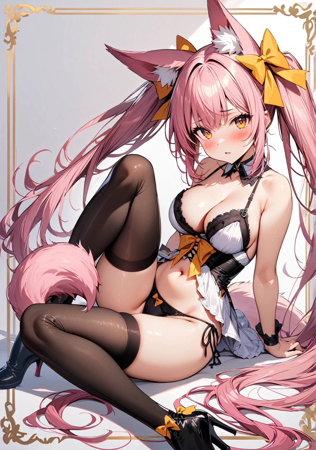 masterpiece, best quality, 1girl, solo, breasts, underwear, thighhighs, panties, animal-ears, long-hair, twintails, pink-hair, large-breasts, navel, very-long-hair, cleavage, blush, bow, high-heels, side-tie-panties, boots, sitting, looking-at-viewer, bare-shoulders, black-thighhighs, detached-collar, parted-lips, thigh-boots, hair-bow, high-heel-boots, yellow-bow, doll, tail, bustier, string-panties, black-panties, ribbon, arm-support, fox-ears, orange-eyes, bangs, black-footwear, simple-background, choker
