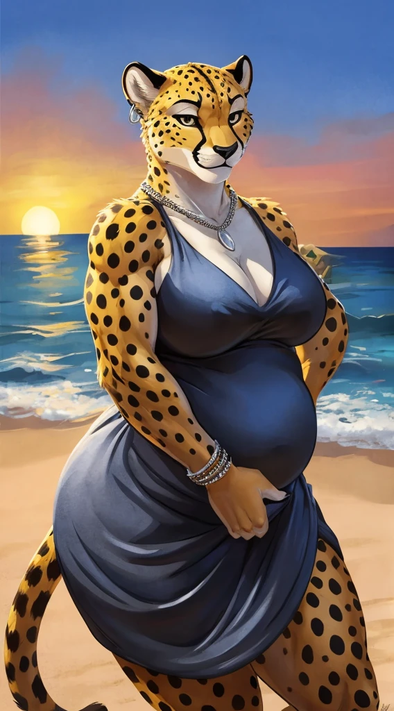 Cheetah, 4k, high resolution, best quality, posted on e621, solo, anthro body, female, (very fat:1.2), correct anatomy, (beach background, sea background, sky background, sunset:1.0), (blurry background, out-of-focus background:1.2), (by wfa:1.0), (by negger:1.2), (by chunie:0.5), (cel shaded, cartoony shading:1.2), black lineart, black outline, flat coloring, (strong shadows, dark shadows:1.2), (silver dress, breasts:1.0), confident, sexy pose, smug smile, seductive smile, Female cheetah, fat, fat belly, fat thighs, fat arms, lovehandles, big breasts, silver eyes, golden yellow fur, black cheetah markings, silver dress, silver earrings, silver bracelets, silver rings, silver necklaces