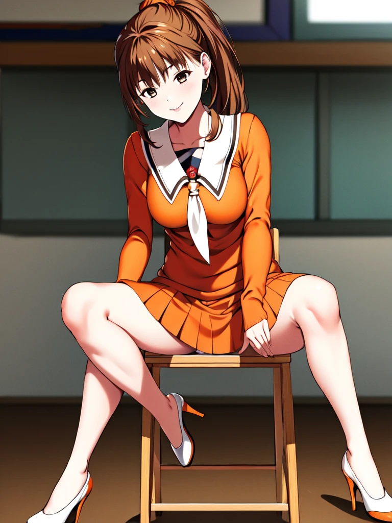 masterpiece,Highest quality,High resolution,Very detailed,One Girl,Long Hair,ponytail,Side Lock,bangs,Shash,(Orange Sweater:1.1),Collared shirt,Long sleeve,Red Skirt,Pencil Skirt,High heels,White footwear,indoor,classroom,smile,(study:1.2),mechanical,Chair,Spread your legs座る,Spread your legs, Her panties are visible、Soaked costume、Detailed costume、peace sign