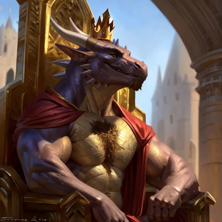 ((masterpiece, best quality)), sharp focus, 8k hd, depth of field, by Taran Fiddler, solo, dragon, anthro, male, golden scales, horns, spikes, chest hair, throne, throne room, in castle, king, crown, regal, loincloth, red cape, smug, upper body, portrait, profile, character focus