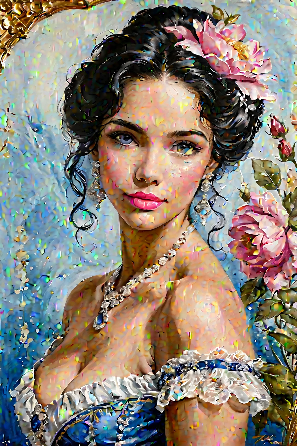 Victorian Ukrainian Women of the 19th century, very detailed Black hair, Pink lips, very detailed skin, Nice feature, Wadim Kashin, james gurney, ink, Splash Art, Amazing beauty , Royo, after sexing, Super detailed splash art modern European oil ink painting, Mid Gorgeous Breasts, Gorgeous Body, oil painting, very detailed Bright Diamond Blue eyes, Blush, Greg Rutowski, no extra head:1.4.