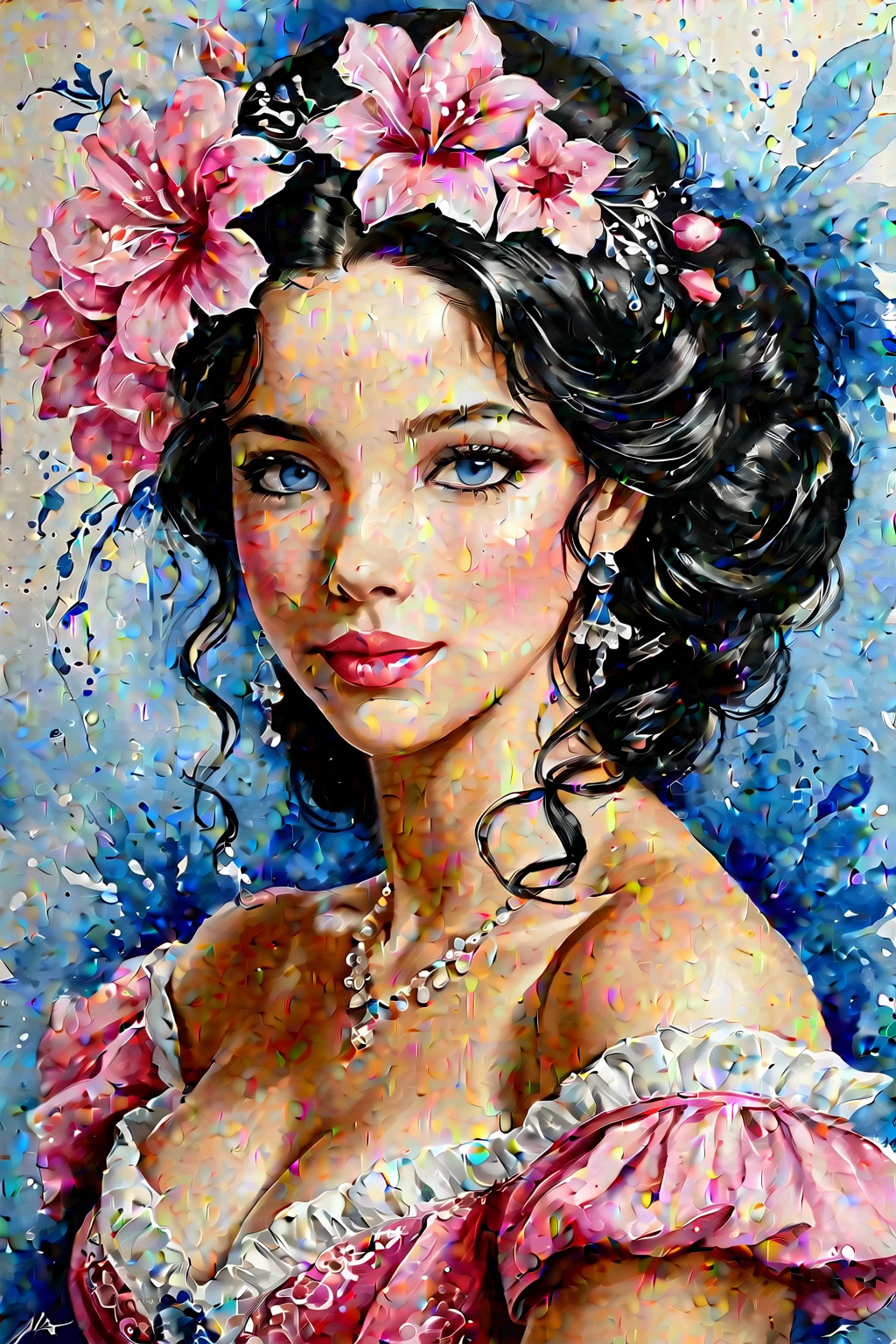 Victorian Ukrainian Women of the 19th century, very detailed Black hair, Pink lips, very detailed skin, Nice feature, Wadim Kashin, james gurney, ink, Splash Art, Amazing beauty , Royo, after sexing, Super detailed splash art modern European oil ink painting, Mid Gorgeous Breasts, Gorgeous Body, oil painting, very detailed Bright Diamond Blue eyes, Blush, Greg Rutowski, no extra head:1.4.