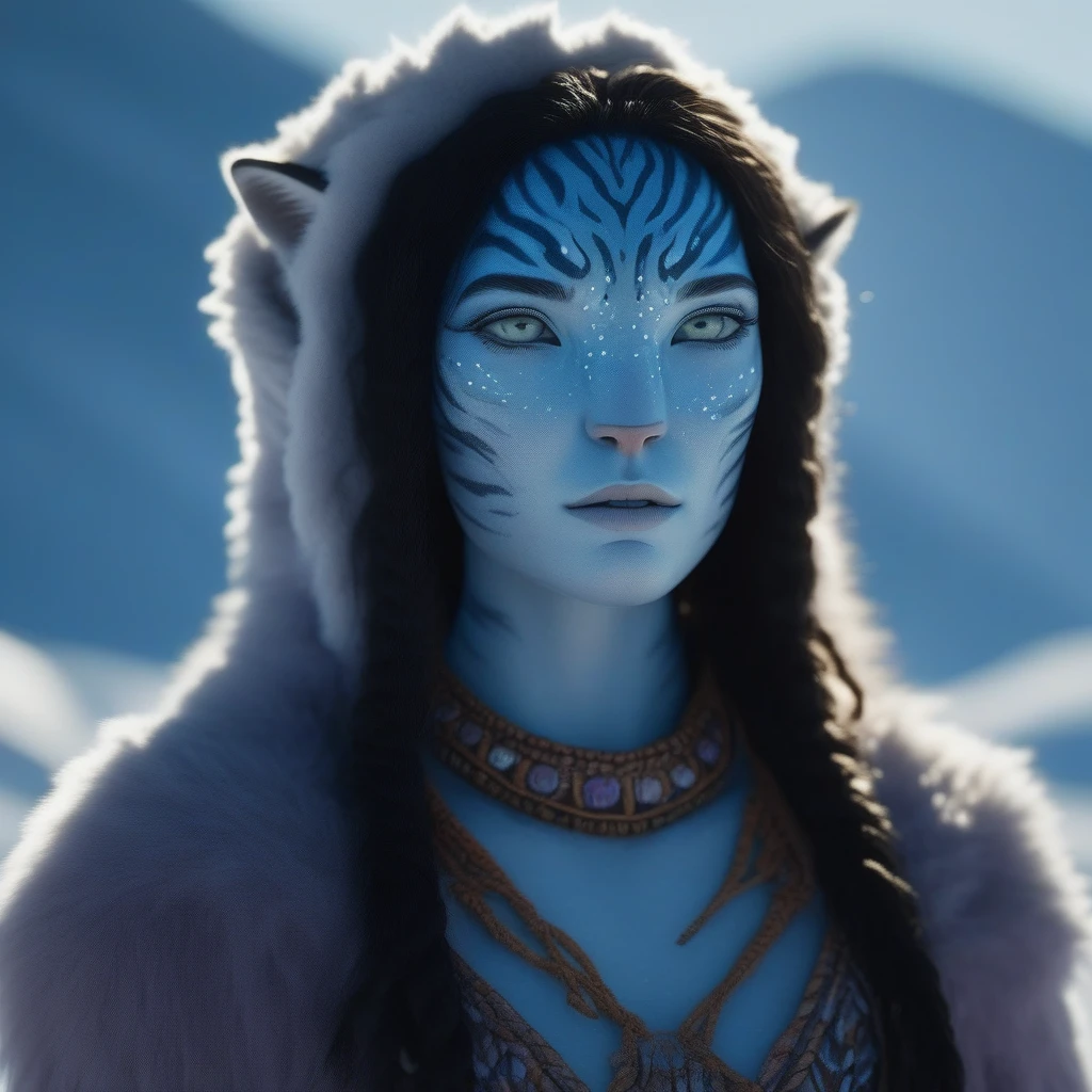 (face portrait), na'vi, 1girl, female, (lilac eyes), ((big detailed alien eyes)), ((eyebrowless)), ((pointy ears)), (light blue skin tone), (wavy hair), dutchbraids, black hair color, ((long hair)), (young adult), 18 years old, face wrinkles, ((wearing inuit winter clothing)), (wearing tribal acessories), detailed eyes, tiger stripes all over skin, toned body, muscled body, vibrant colors, ethereal atmosphere, surrealistic dreamy lighting, textured skin, otherworldly beauty, mesmerizing photography, (best quality, highres), vivid colors, ultrarealistic, skin details, sfw, face close-up, ultradetailed body, (white skin), dark background, snow mountain background