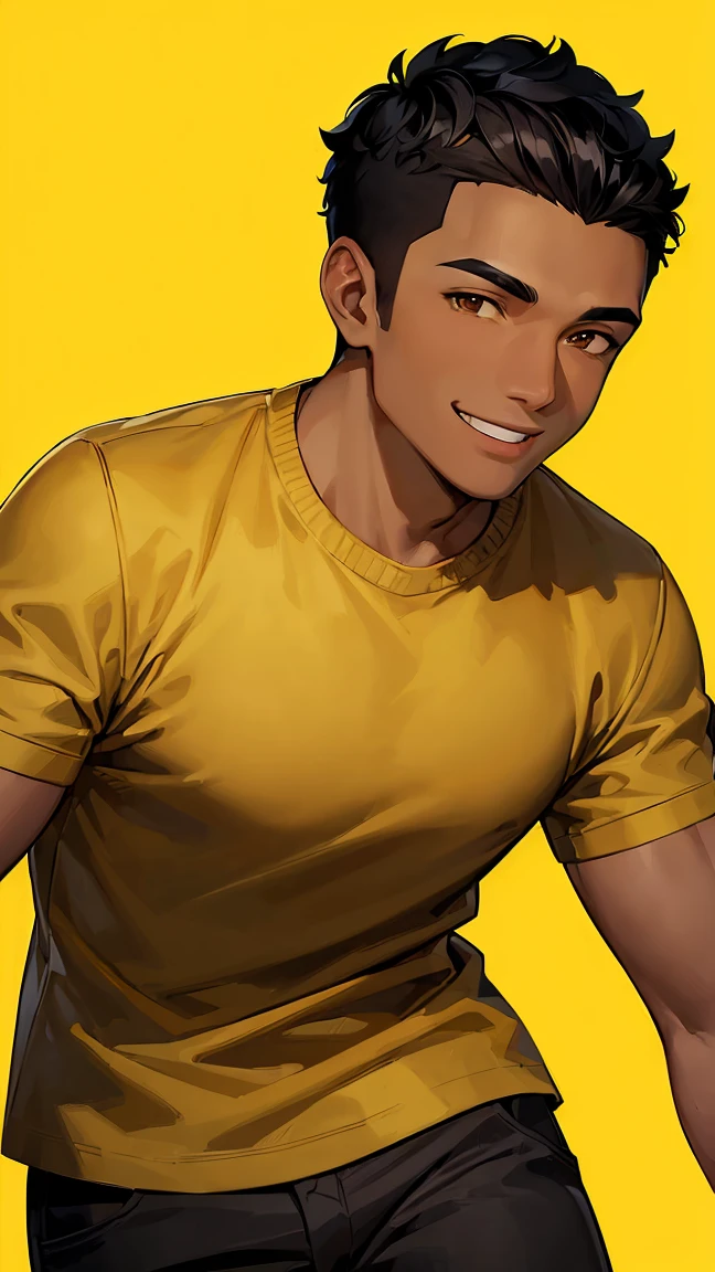 (man1,black skin,round face,brown eyes,black hair,side fade haircut),smile,yellow shirt,pants,green background,hd,highly detailed