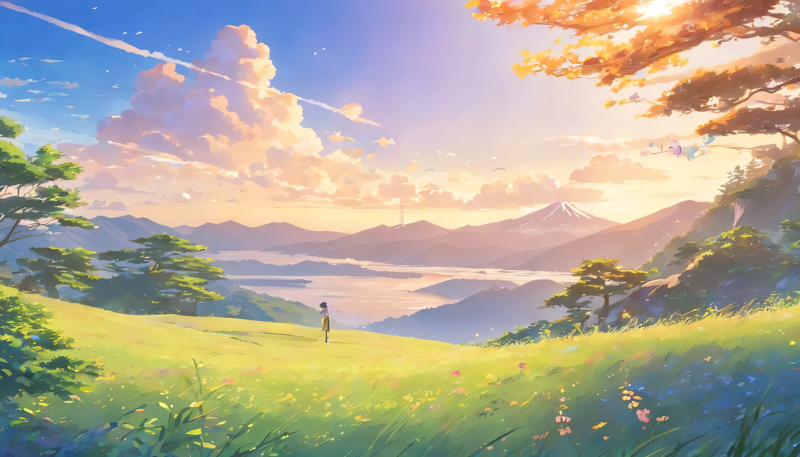 (Superb image quality、best qualityer:Pinnacle Computer Wallpaper, Detailed representations of the mountainous landscape are seen in computer windows,Highlight an artistically designed flower in a learning environment,The style is similar to Japanese anime。)
