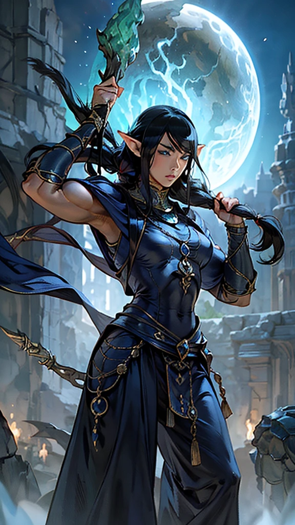 stunningly sensual elfess, large well-trained muscles, very impressive hypermuscular physique, magical and mysterious, bulging feminine proportions, perfect and flawless muscular sensual body, vascular massive biceps, deep black hair, pale chaik white skin, female elf wizard in fantasy setting