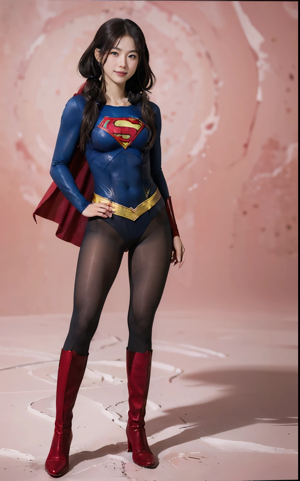 No background、(((Beautiful legs in black tights.)))、(((Legally express the beauty of your smile)))、((((Make the most of your original images)))、(((Supergirl Costume)))、(((Beautiful hair with twin tails)))、(((suffering)))、(((Please wear black tights....、Wear red boots)))、((Best image quality、8K))、((Highest quality、8K、masterpiece:1.3))、(((Preserve background )))、Sharp focus:1.2、Beautiful woman with perfect figure:1.4、Slim Abs:1.2、Wet body:1.5、Highly detailed face and skin texture、8K