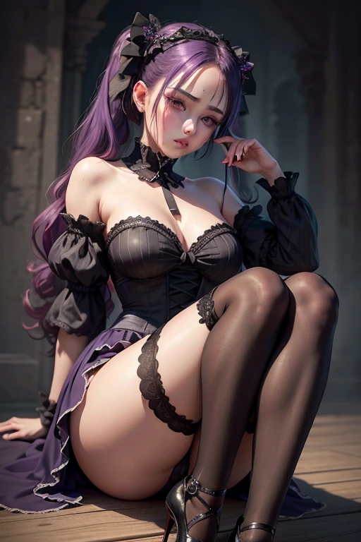 Sensual woman、Beautifully detailed eyes、Beautifully detailed lips、Highly detailed face、Long eyelashes、Graceful appearance、Gothic dresses、Soft lighting、Dramatic Shadows、A calming color palette、Cinematic composition、Photorealistic、(Highest quality) 、4K、8K、High Resolution、masterpiece:1.2)、Super detailed、(Real、Photorealistic、Photorealistic:1.37)、Stiletto heels、sit、sensual pose、bold pose、The skin is damp、Sweating、
masochist、blush、Embarrassed、Expressions of ecstasy、Her legs are spread wide、Distorted facial expressions、Tears are flowing、Heavily wet、With water droplets、Wrists tied、Leaning back、Holding something big Black metal vibes、Purple Gothic ta Dress、Costumes、Knee-high socks、Tied up with rope、Twin tails、Glitter on bare skin、Sweat on thighs、Puff sleeves、Hard Gothic Makeup、Crumbled lipstick、Alluring、