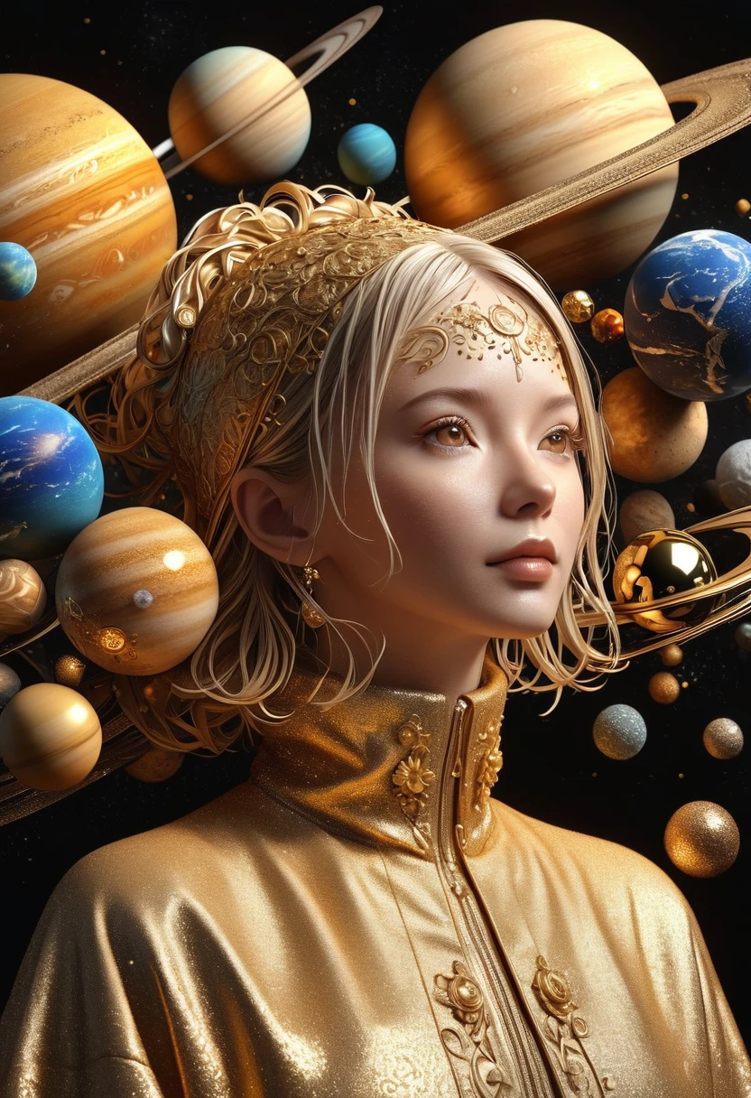 a highly detailed and intricate 3D portrait of a person, golden color, surrounded by many orbiting planets with complex planetary decorations, studio lighting, Dark background，Light，Simple and clean，Light and Shadow，