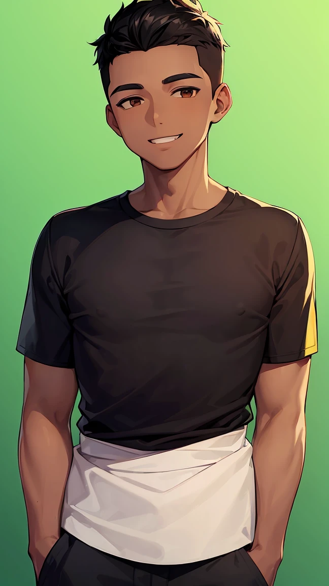 (man1,black skin,round face,brown eyes,black hair,side fade haircut),smile,standing,yellow shirt,pants,green background,hd,highly detailed