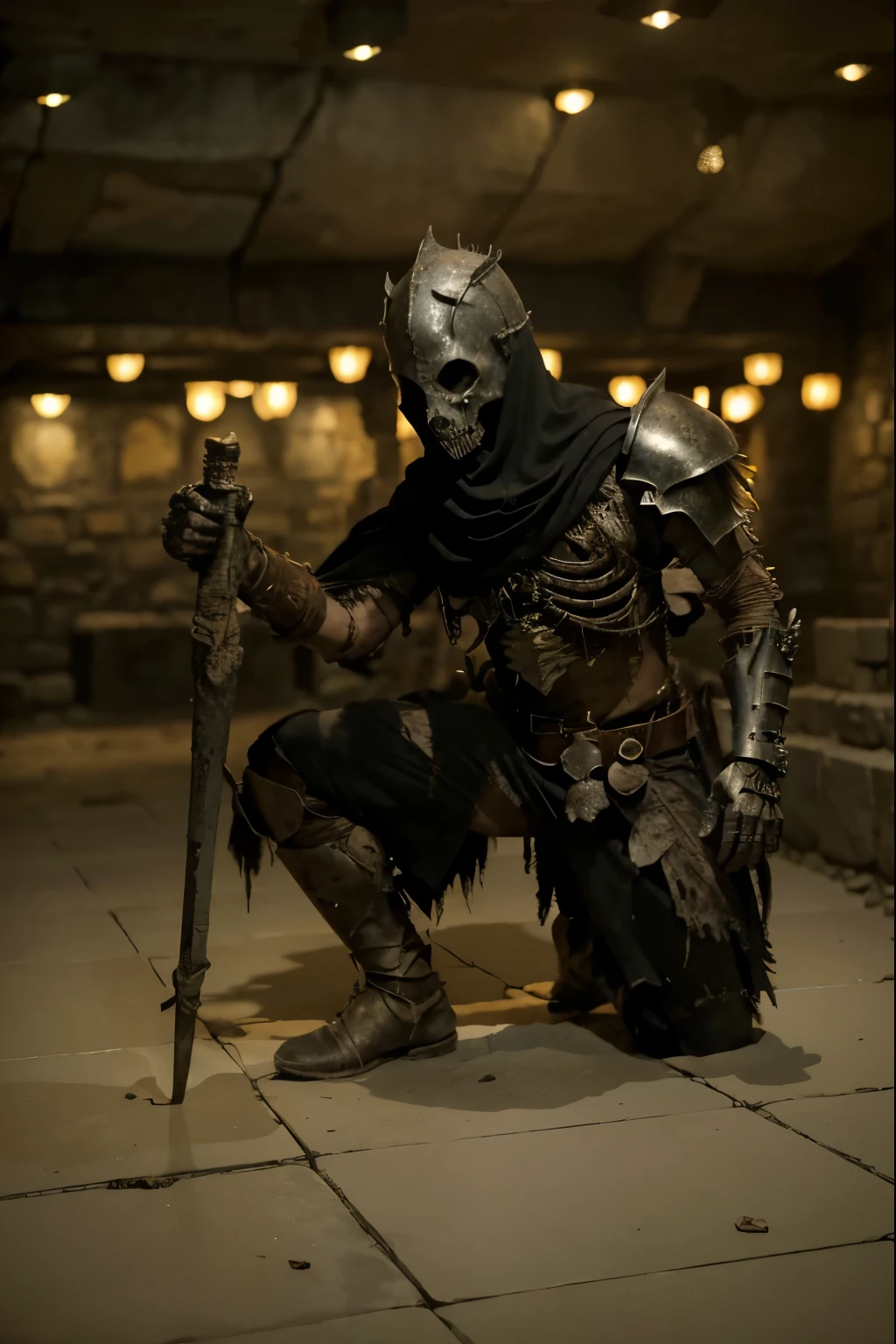 (extremadamente detallado, obra maestra, La mejor calidad), Estilo oscuro, intense illumination, rostro con arrugas, soldier, medieval armor, rusted, axe, tentacle, monstruoso, interior de una piscina de agua verdosa, imagen submarina, alien con Colmillos finos. manchas de tinta. Rococo composition. Luz de caravaggio