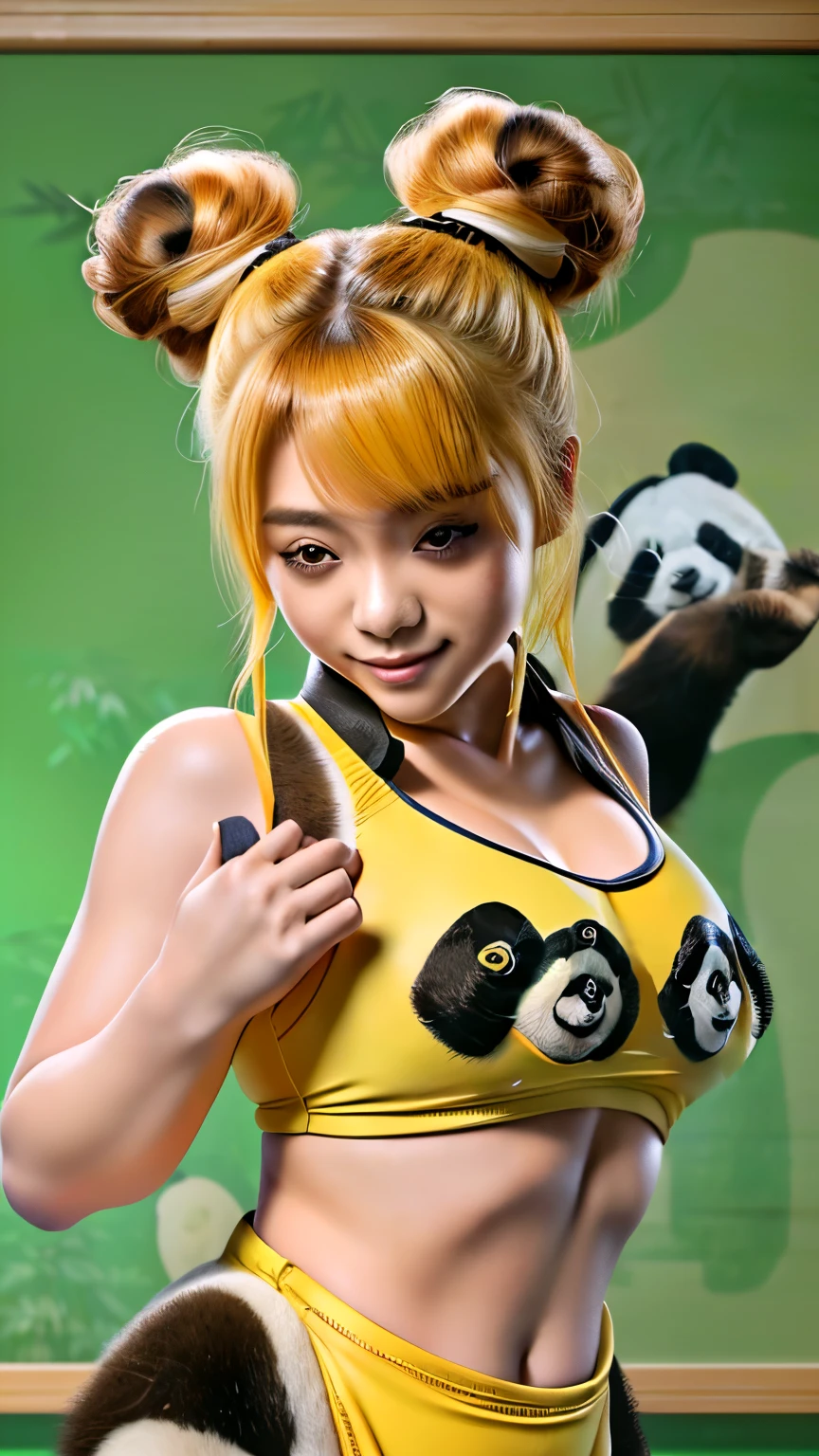 Yellow school swimsuitを着た日本の女性, smile, Orange Hair, (double bun hair:1.5), Two buns hair, Gravure pose, (There is a giant panda in the background:1.5), Embarrassed look, 17 years old, The bangs are swept to the left and right and flipped outwards., (Yellow school swimsuit:1.5), Unreal Engine, Photorealistic, Tai Chi、４K, ８K, masterpeace, Detailed Description, Skin texture like a professional photographer&#39;s photo, High quality lighting,