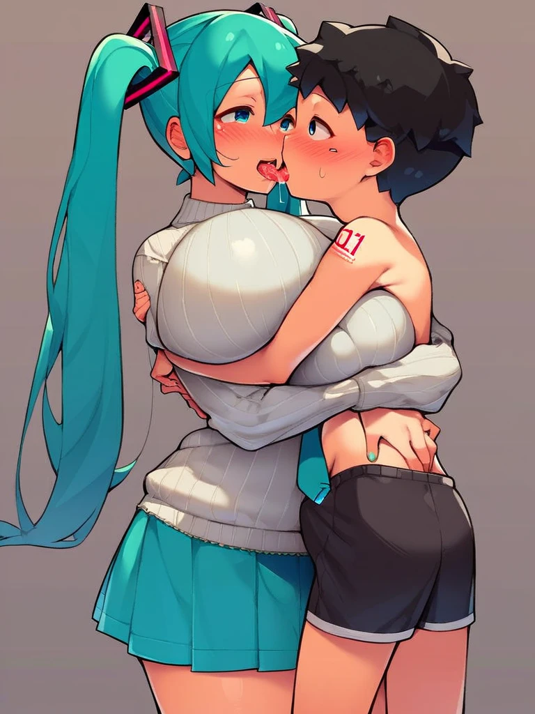 score_9, score_8_up, score_7_up, score_6_up, score_5_up, score_4_up, woman and shota, rating_explicit, detail face, large eyes, woman standing, ((hatsune miku)), huge breasts, sweater, skirt,  woman and shota, kiss, tongue out, saliva drip, eat mouth, passionated kiss, small male shota, kiss, woman and shota kiss, male shota, short hair, black hair, hug, smile,