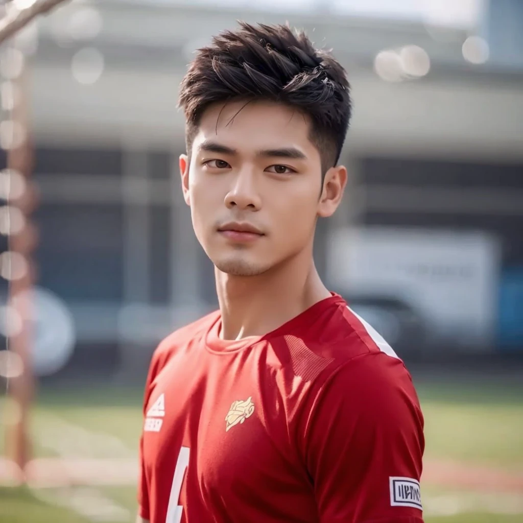 Southeast Asian men with round faces, black eyes, staring at the viewer, morning sun, ((face details)), Double eyelids, realistic, Masterpiece, Highest quality, lens flare, shade, [[Chromatic aberration, digital painting, 8K, 45,000,000,000 pixels,, t-shirt,black eyes,abdominal muscles, The body is beautiful and strong., (digital painting, HDR, high contrast