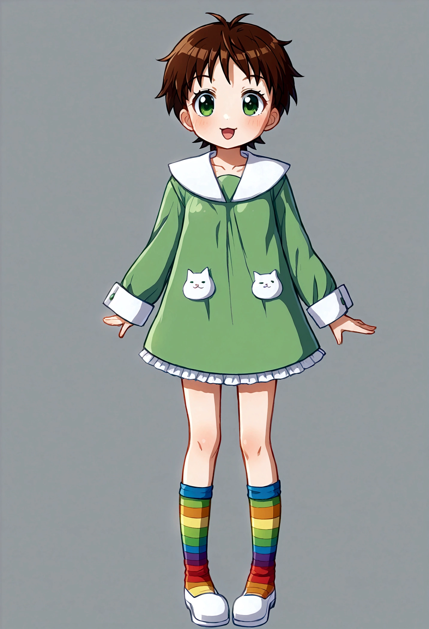 Make a ,short hair tied white,with green eyes,a rainbow children's outfit,and a gardener,a cat sock,a sneaker,and do anime style,she is cute,but powerful, do it full body (((be 2d anime version))) (((and higher quality)))