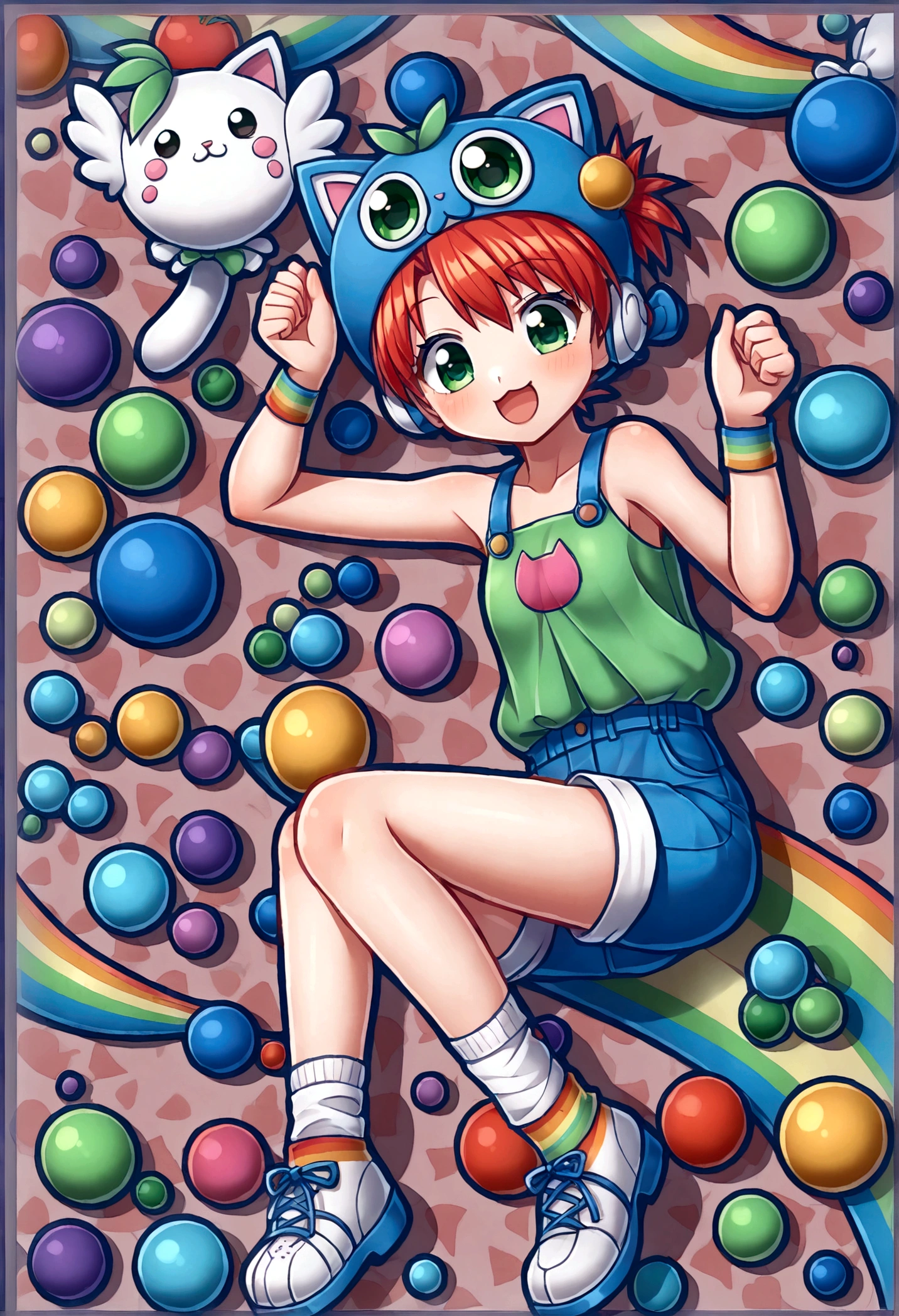 Make a ,short hair tied white,with green eyes,a rainbow children's outfit,and a gardener,a cat sock,a sneaker,and do anime style,she is cute,but powerful, do it full body (((be 2d anime version))) (((and higher quality)))