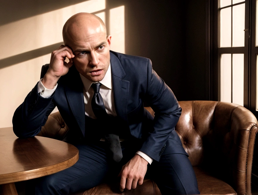A striking cinematic photorealistic image of a twilight room, where a bald man in a black business suit is seated in a large leather chair. The tension is palpable as a second man, with blond hair and dressed in a blue business suit, is on all fours in front of him. The second man is attempting to bite off the first man's belt with his teeth, his head tilted downward, face hidden from view. The room is dimly lit, casting long shadows and highlighting the intensity of the scene., photo, cinematic