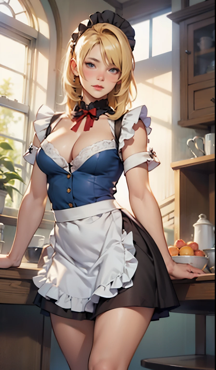 masterpiece, ultra realistic, blonde, maid dress, mini skirt, medium hair, otokonoko, four legs, donkey, cleavage, waist, naval, belly, loose appron