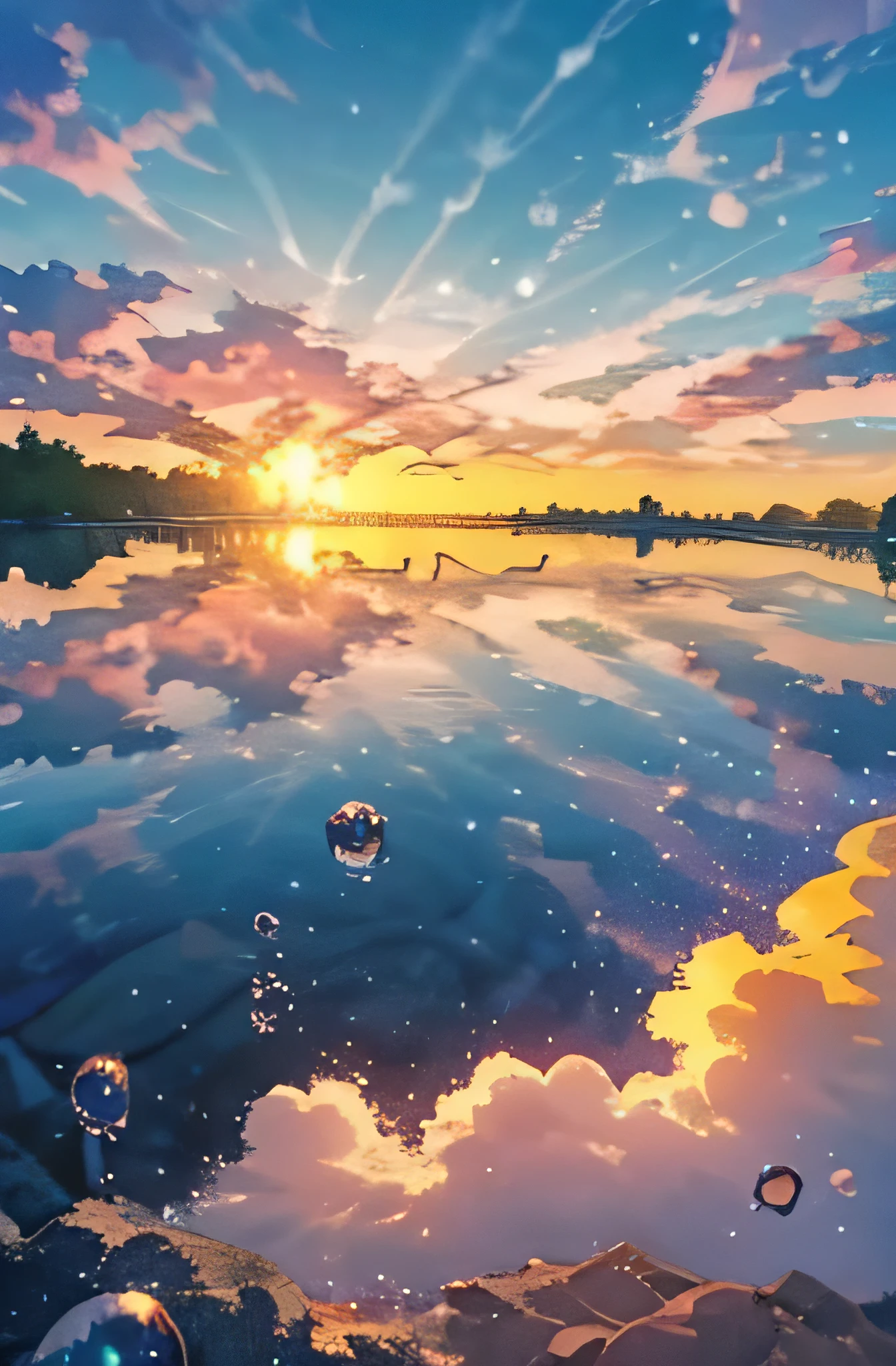 bubbly scenery, colorful anime movie background, floating bubbles, escaping air bubbles, anime background art, beautiful anime scene, beautiful anime scenery, anime background, bubbly underwater scenery, bubbles in the air, sunset, high detailed, hyper detailed, super detailed