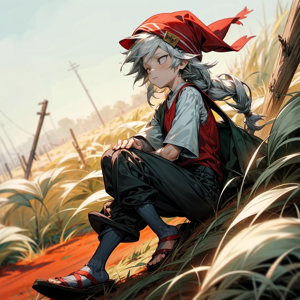 1little boy, Full body version, 1character, black eyes color, milk skin, long hairstyle, monolod eyes type, silver colour hair, Farmer villager clothing style, red color clothing, black pants, white scraf, Ancient roman sandals, vest, green Beanie, Grassroots background in field villager, motion blur