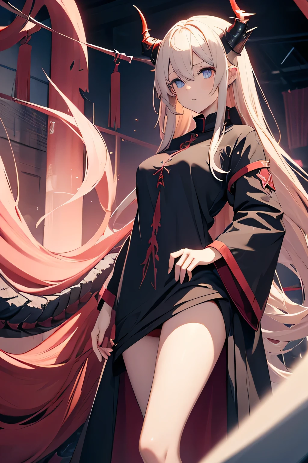 Arknights character Reed, woman with long pale blonde hair, blue-eyed, with black dragon horns pointing up and red dragon tail, wingless, wearing  a pink pijama with nothing below, alone, with big breast