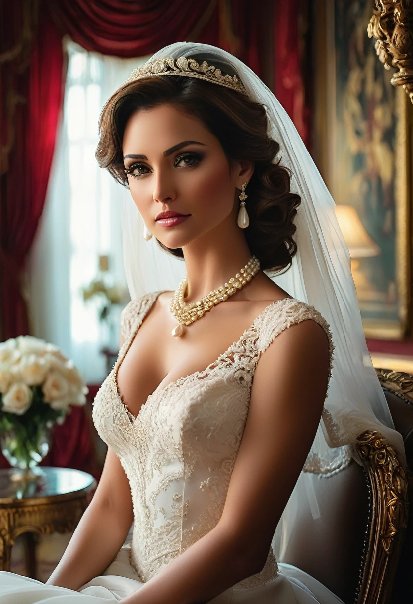 A stunning woman in her late 30s, her elegant beauty,beautiful face, vibrant eyes, dressed in white wedding dress clings to her voluptuous frame, the pearls around her neck ,A hint of defiance in her posture, despite the grief, suggests a hidden strength,The scene is a luxurious room, opulent yet shrouded in half-light. Shadows twist around lavish furniture, whispering unspoken truths.