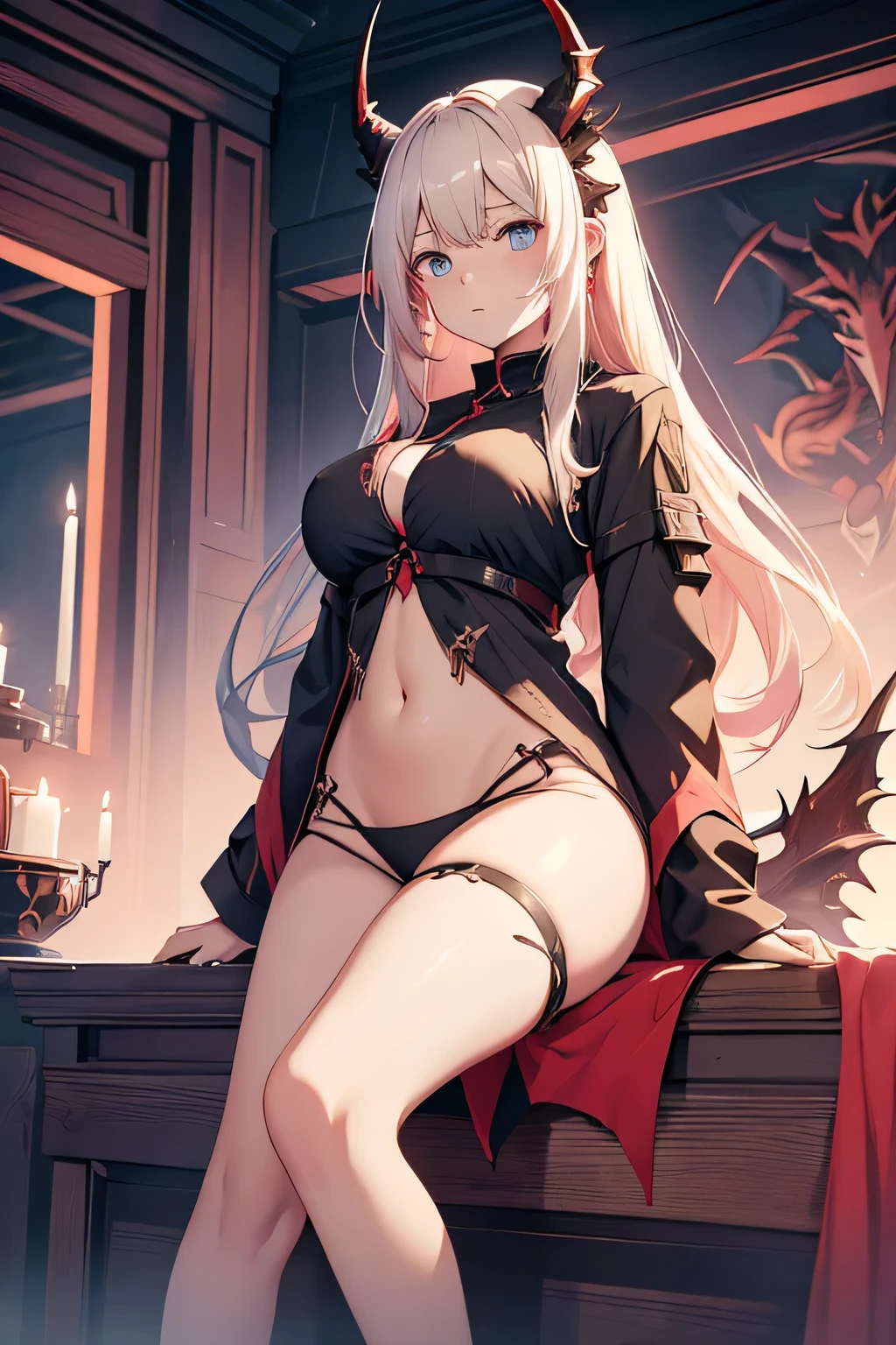 Arknights character Reed, woman with long pale blonde hair, blue-eyed, with black dragon horns pointing up and red dragon tail, wingless, wearing a pink pijama with nothing below, alone, with big breast
