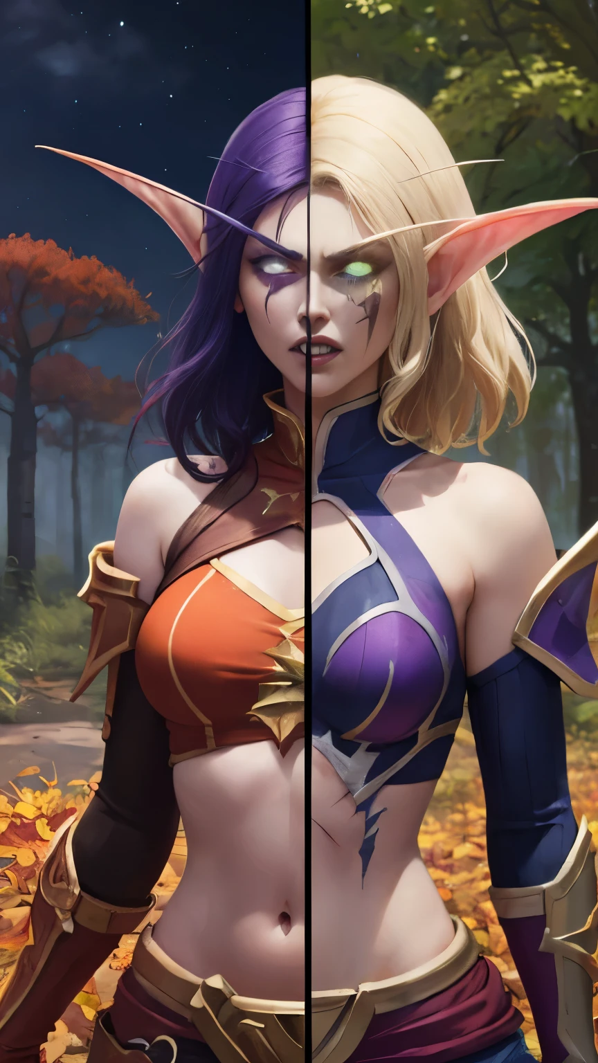 (Masterpiece, highly detailed, highly quality, highly resolutions), line between the middle, duality, split colored hairs, split colored eyes, split colored armor, split colored trim, split theme ((SplitScreen, split screen, BREAK nightelf, angry, clenched teeth, scars on face, glowing eyes, blue eyes, Purple Hair, colored skin, mature female, purple midriff, navel, purple shoulder pad, platinum trim, purple lips, spring leaves, looking at viewer, forest, night, bare shoulders, spring season), (SplitScreen, split screen, BREAK bldelf, angry, clenched teeth, blood strains on faces, glowing eyes, yellow eyes, Blonde hair, colored sclera, mature female, red short shirt, navel, red shoulder pad, gold trim, fall leaves, looking at viewer, forest, day, bare shoulders, Fall season))