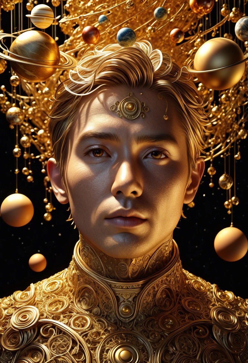 a highly detailed and intricate 3D portrait of a person, golden color, surrounded by many orbiting planets with complex planetary decorations, studio lighting, Dark background，Light，Simple and clean，Light and Shadow，