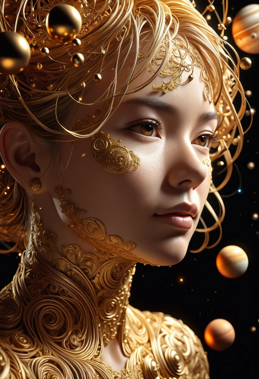 a highly detailed and intricate 3D portrait of a person, golden color, surrounded by many orbiting planets with complex planetary decorations, studio lighting, Dark background，Light，Simple and clean，Light and Shadow，