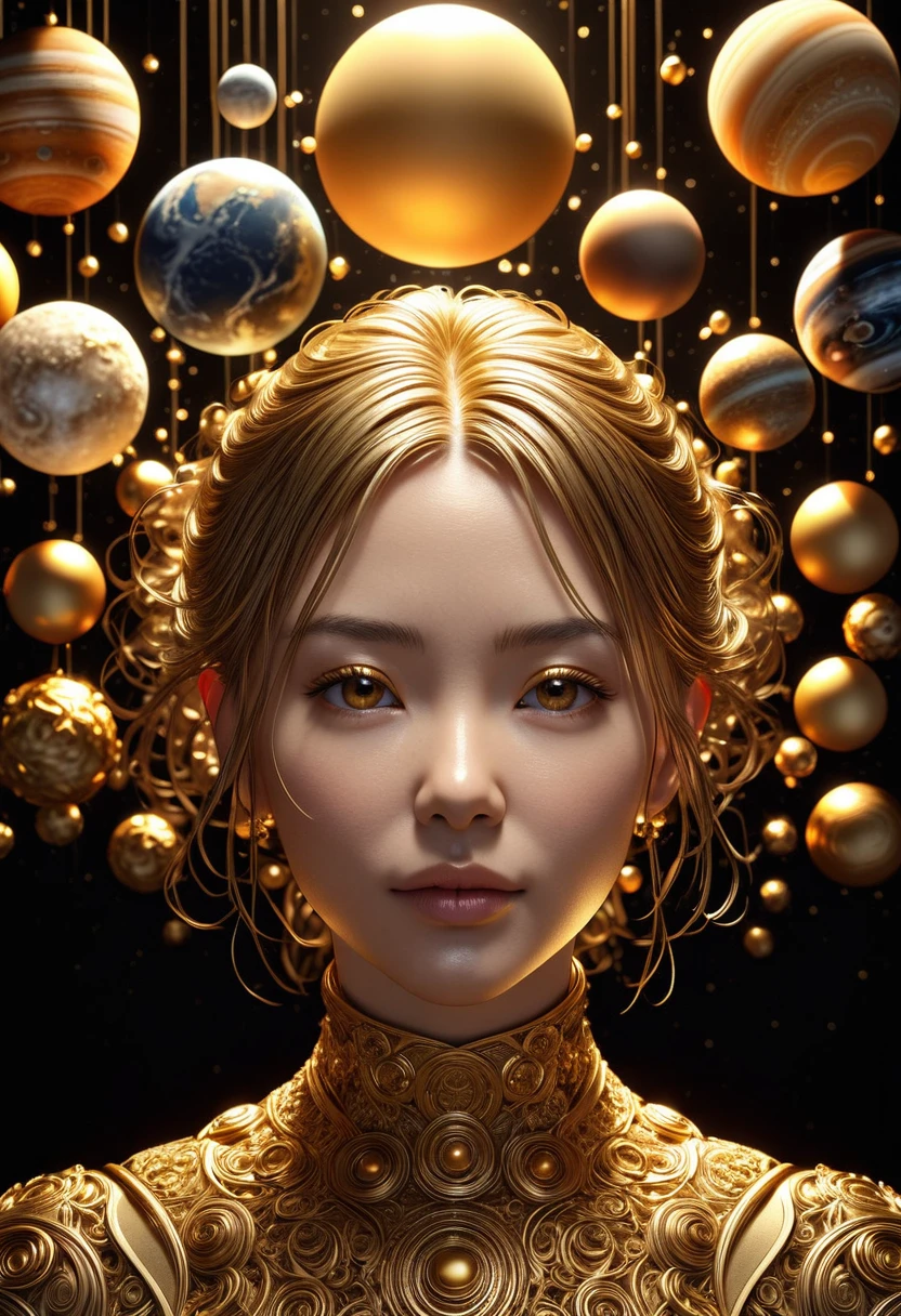 a highly detailed and intricate 3D portrait of a person, golden color, surrounded by many orbiting planets with complex planetary decorations, studio lighting, Dark background，Light，Simple and clean，Light and Shadow，